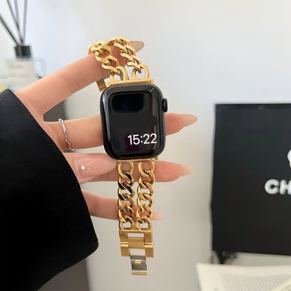Apple Watch Band Adjustable Stylish Strap Silver Stainless Chain - Gold - Picture 1 of 9